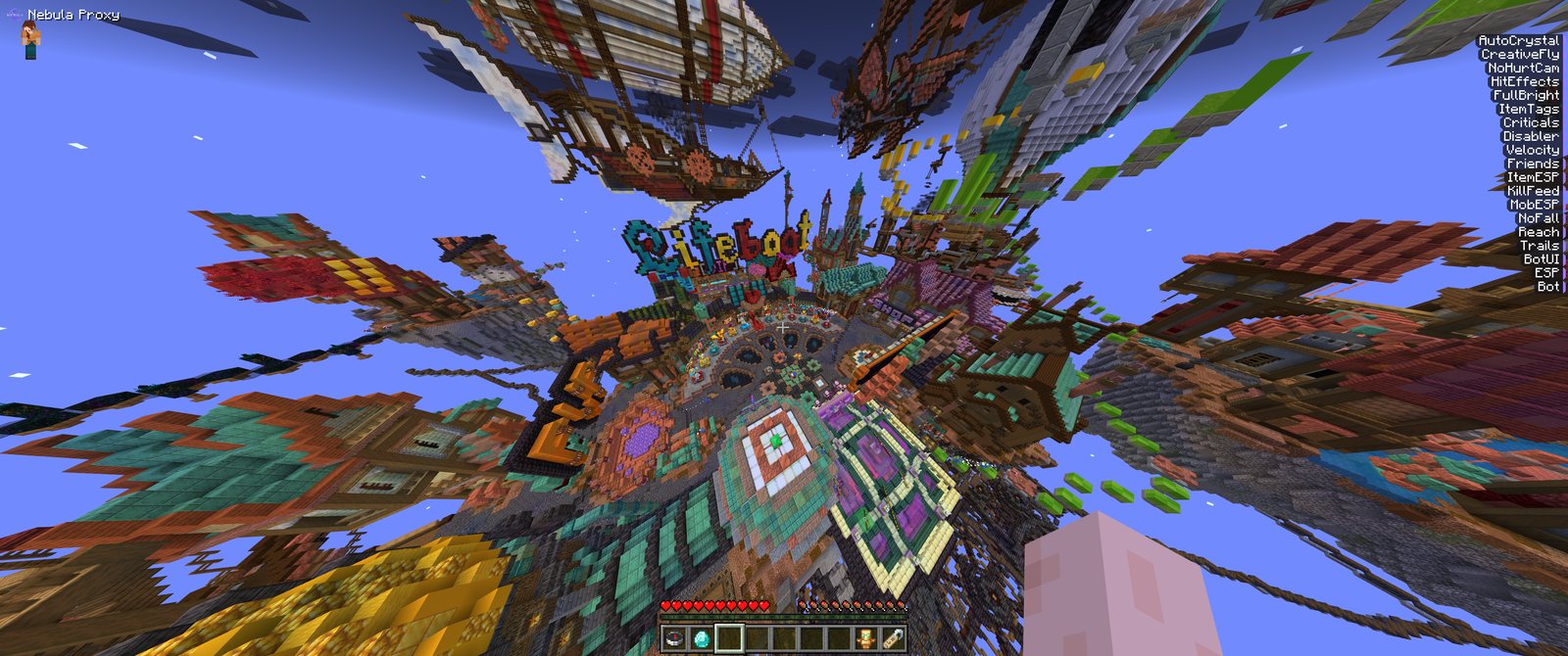 Nebula Proxy flying over the Lifeboat hub with the module list on screen
